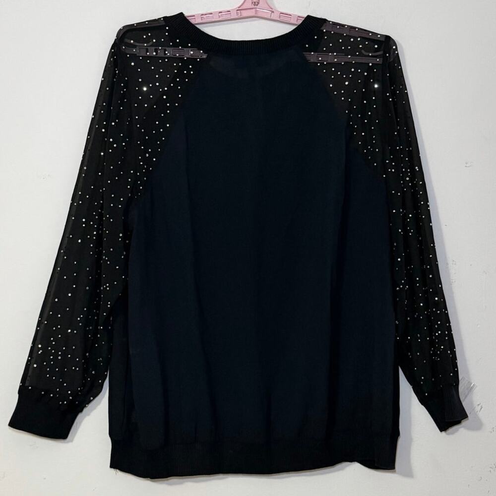 Lane Bryant Black Rhinestone Sheer Sleeve Top Size 22 24 Plus Blouse Dressy Chic - Picture 4 of 8